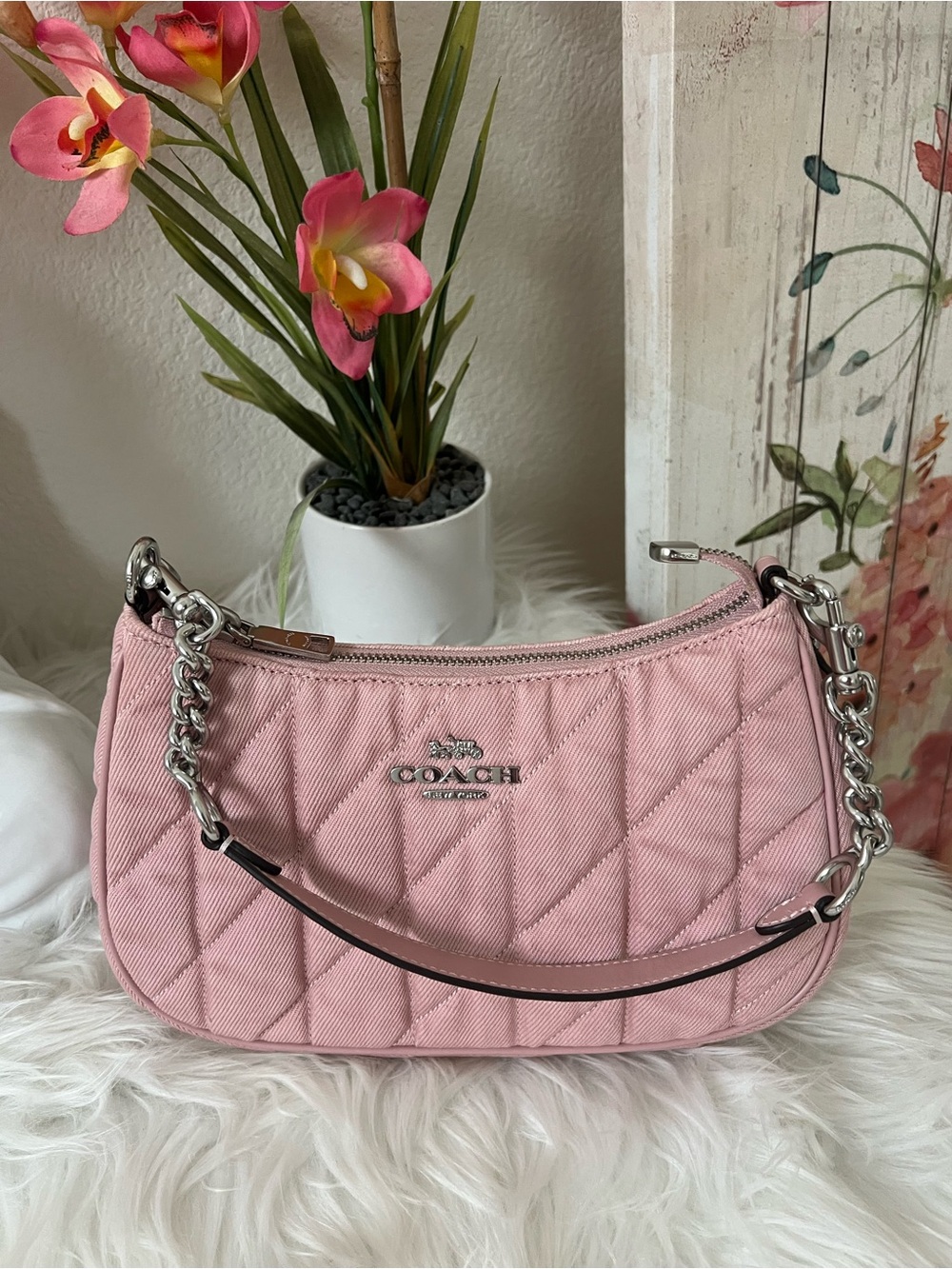 Coach Quilted Light Pink denim Teri Bag in ballerina carnation
